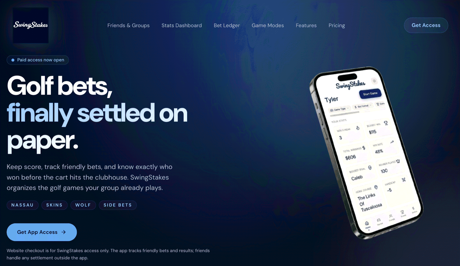 SwingStakes Golf web app screenshot