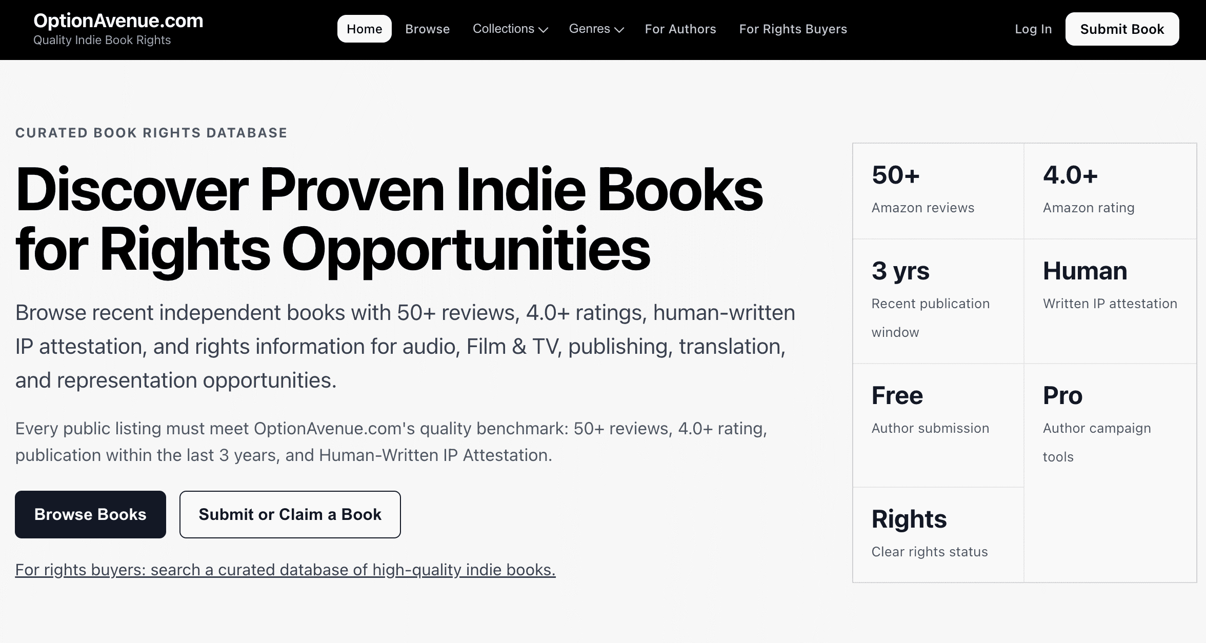 Option Avenue indie book rights discovery platform screenshot